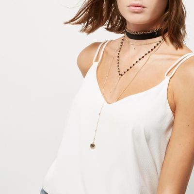 Gold tone layered bead bolo choker necklaces